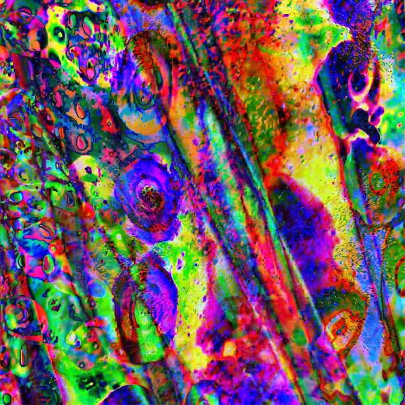 Abstract artwork with vibrant, saturated colors. Diagonal lines intersect with organic shapes and bubble-like forms in blue, green, red, yellow, and purple. High contrast and textural appearance.