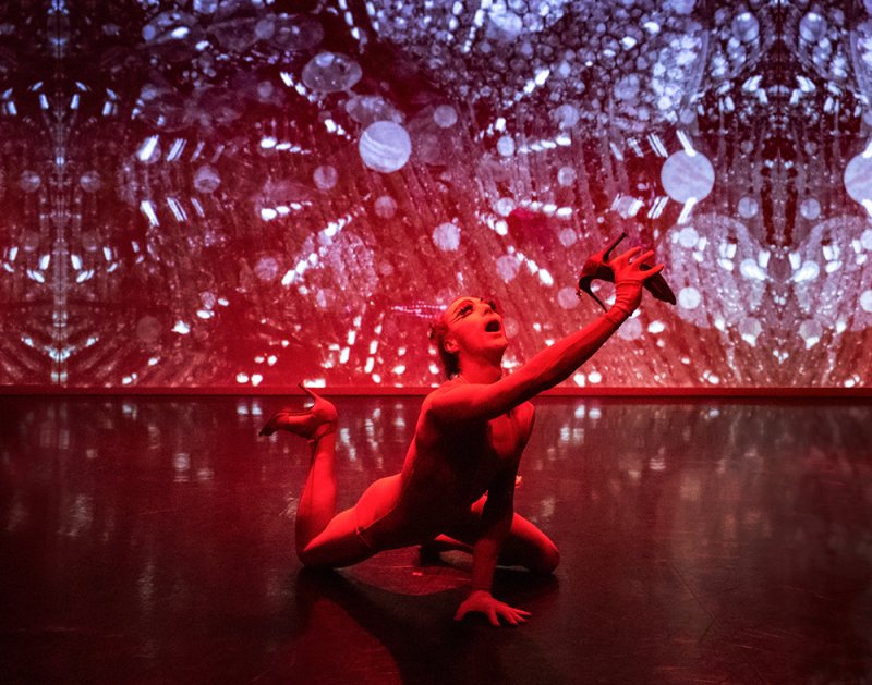 Performer in red bodysuit and gloves on hands and knees, holding a black high heel against a shimmering red background.