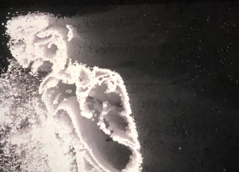 Monochrome artwork shows a figure dissolving into pixels against a dark, speckled background. The figure is light gray, composed of small squares, and appears to be disintegrating.