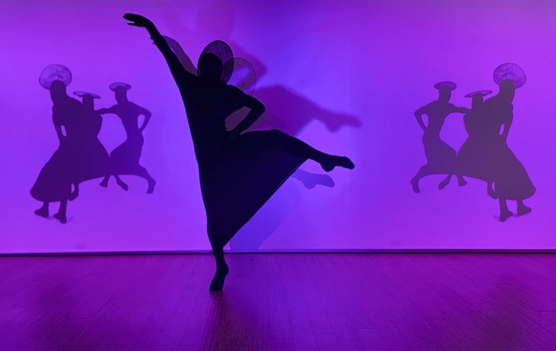 Silhouette of a dancer in a wide dress and hat, balancing on one leg with arms extended, against a purple wall with two projected shadows.