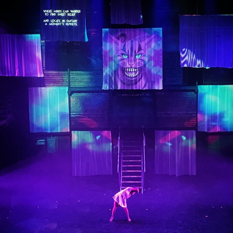 Performance art with dancer, stairs, and projected images of a cat, text, and patterns in blue, purple, and turquoise.