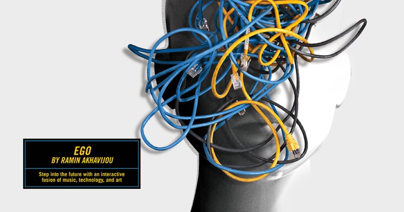 Digital artwork of a grayscale human head silhouette filled with tangled blue, yellow, and black network cables. The background is light gray.