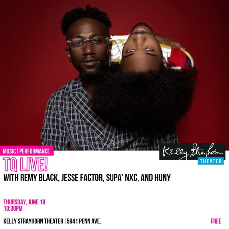 Two Black men, one upright with glasses and a plaid shirt, the other inverted with curly hair, against a red background.