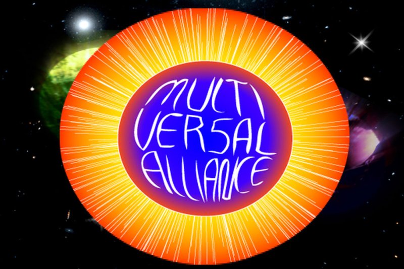 Red-orange circle with radiating yellow lines, "MULTIVERSAL ALLIANCE" in blue text, against a starry space background.