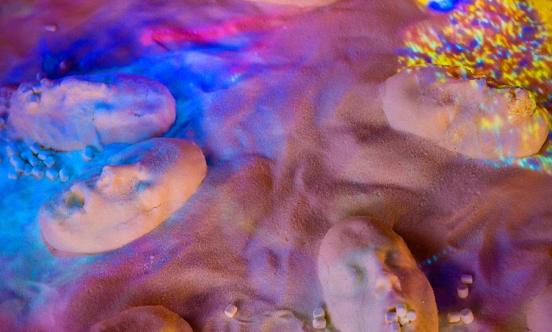 Sculptural installation of white sugar casts of faces and hands, illuminated by blue, pink, and yellow light projections.