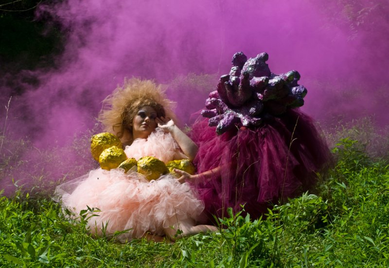 Two figures in elaborate costumes in a grassy field, surrounded by pink smoke. One in pink tulle with gold orbs, the other in purple tulle with a textured headpiece.