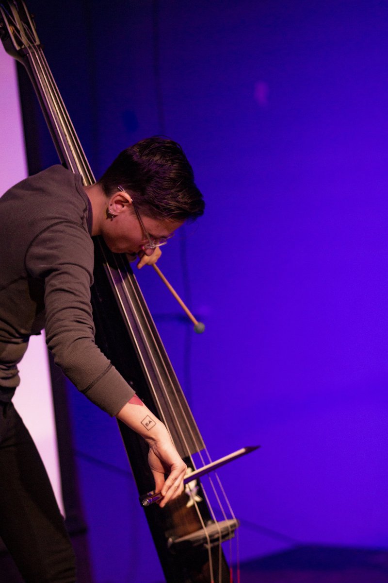 Performer with glasses plays upright bass with bow and mallet against a purple and pink background.
