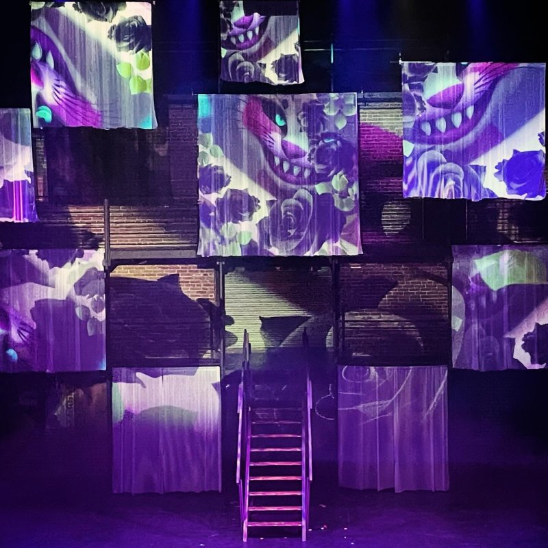 Stage set with hanging fabric squares, projected with Cheshire cat faces and roses, lit in purple, with stairs in center.