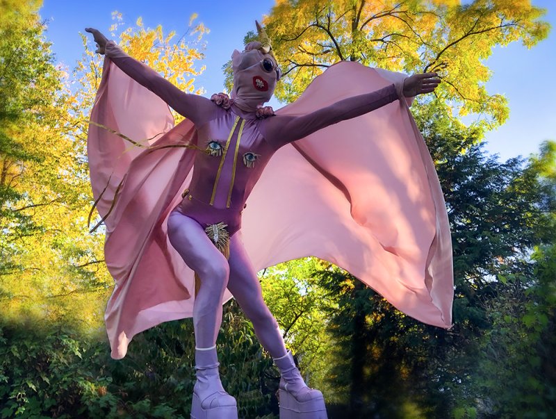 Performance art photograph: figure in pink bodysuit, mask, and platform boots stands in a forest with arms outstretched, wearing a flowing pink cape. Eyes are painted on the bodysuit.