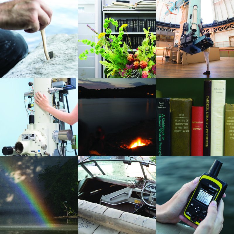Nine-panel grid of photos: hand drilling rock, flowers by books, large telescope, hand on microscope, campfire by lake, antique books, rainbow over water, damaged boat interior, and hands holding a GPS device.
