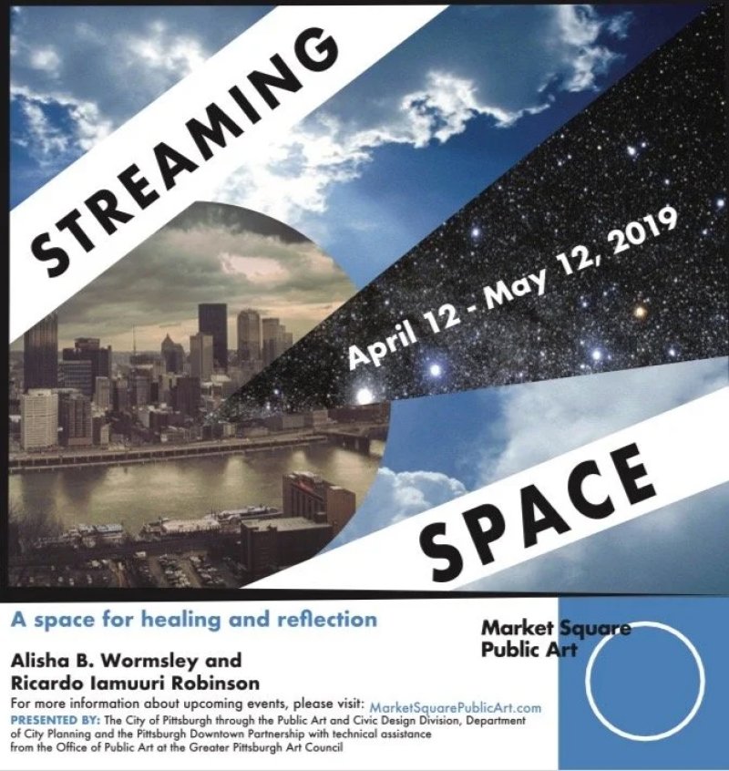 Collage with a cityscape, cloudy sky, and starry sky, titled "Streaming Space.