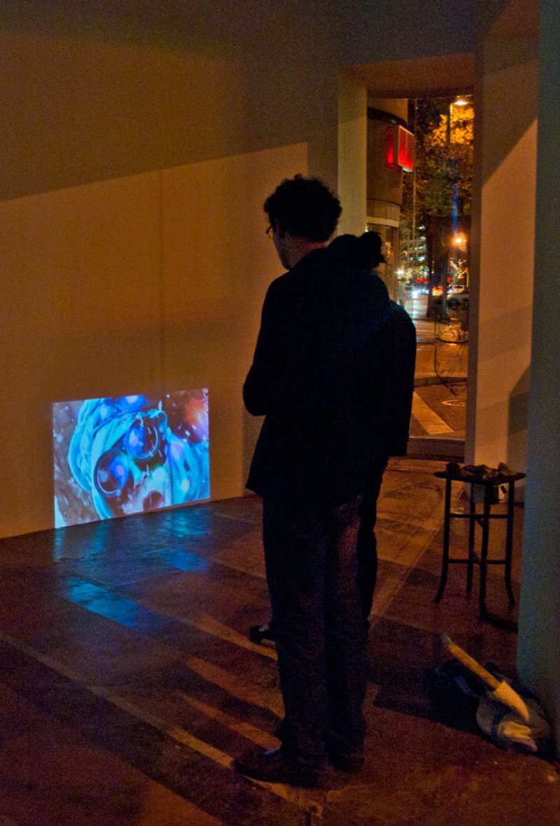 A person in a dark room views a projected image of swirling blue and purple forms on a light-colored wall.