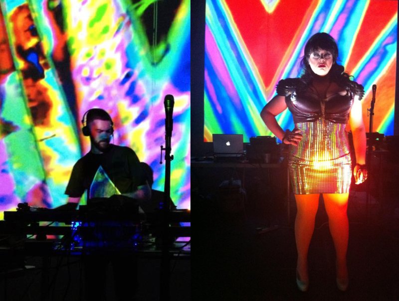Split image: left, a DJ in headphones before colorful projections; right, a woman in a metallic dress poses before vibrant, geometric projections.