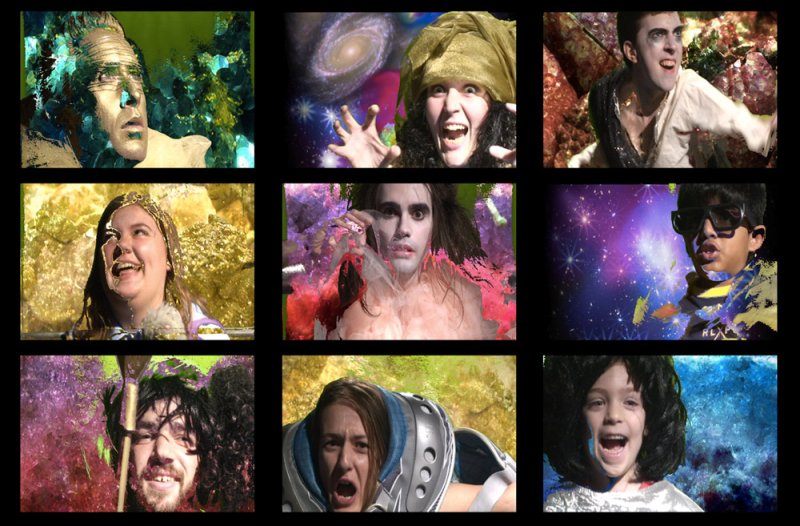 Nine-panel grid of diverse individuals with expressive faces, vibrant colors, and cosmic backgrounds.