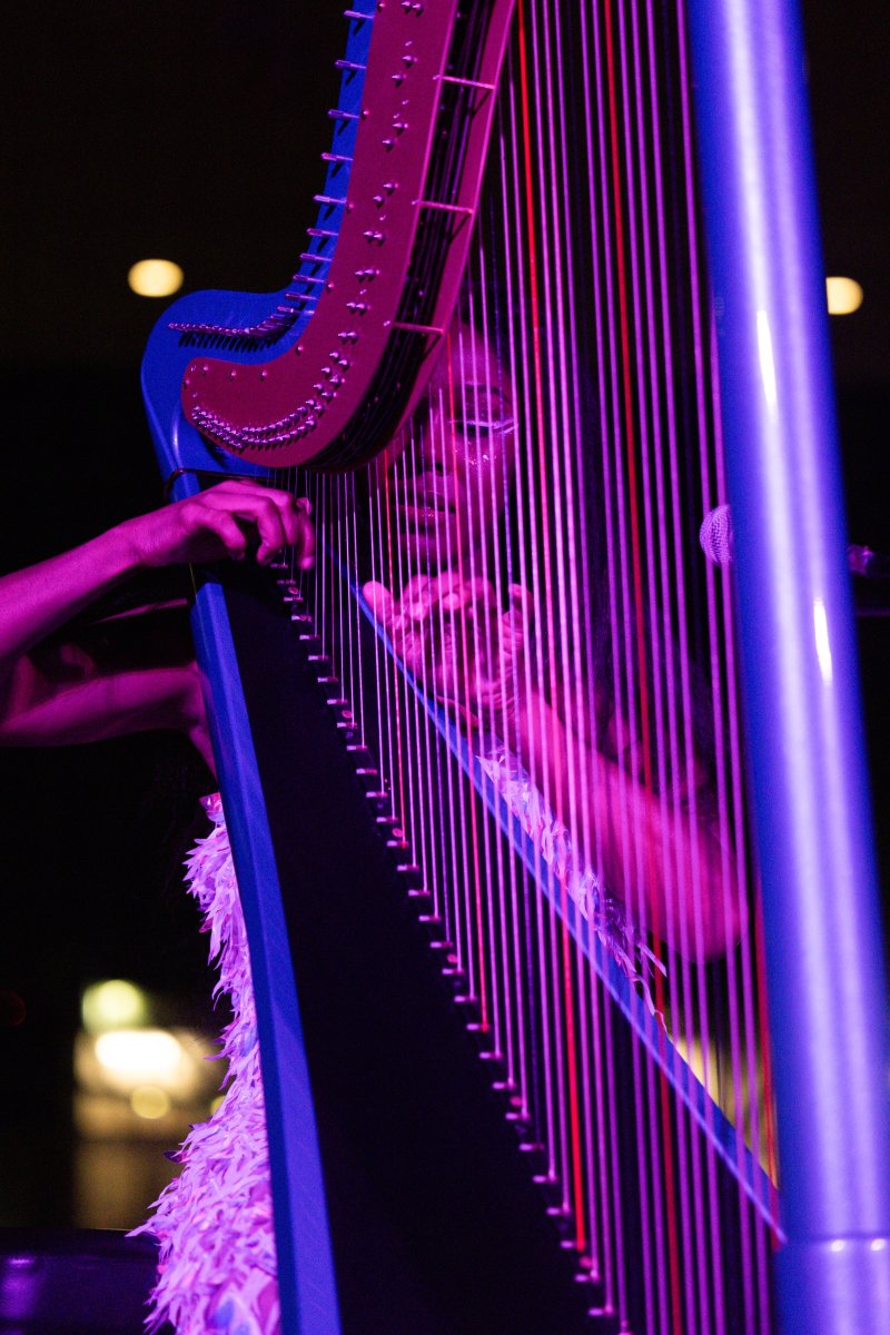 Performer with glitter makeup plays a blue and pink harp, illuminated by purple light. The harp's strings are thin and vertical, some are red.