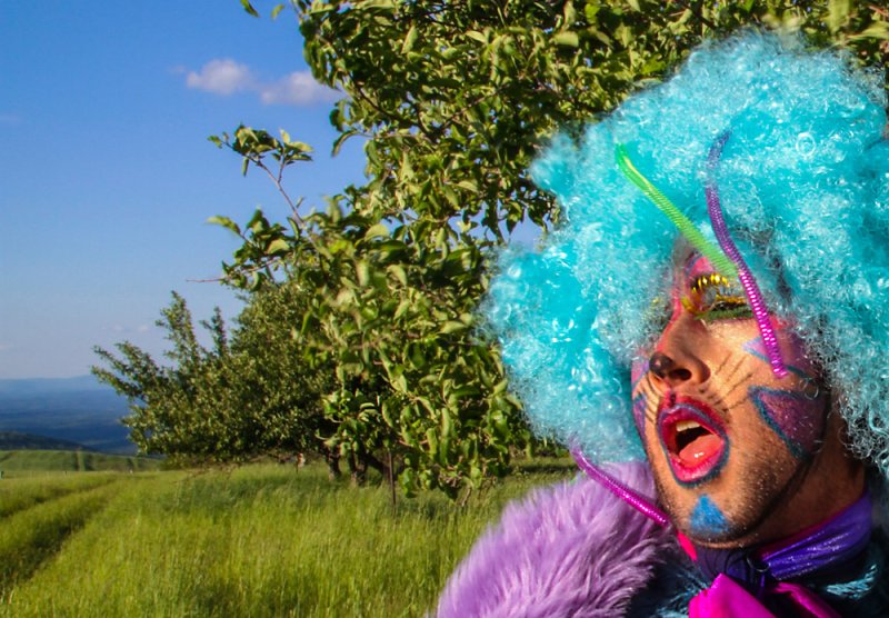 Person in drag with bright blue wig, colorful face paint, and purple fur, mouth open, against a green field and blue sky.