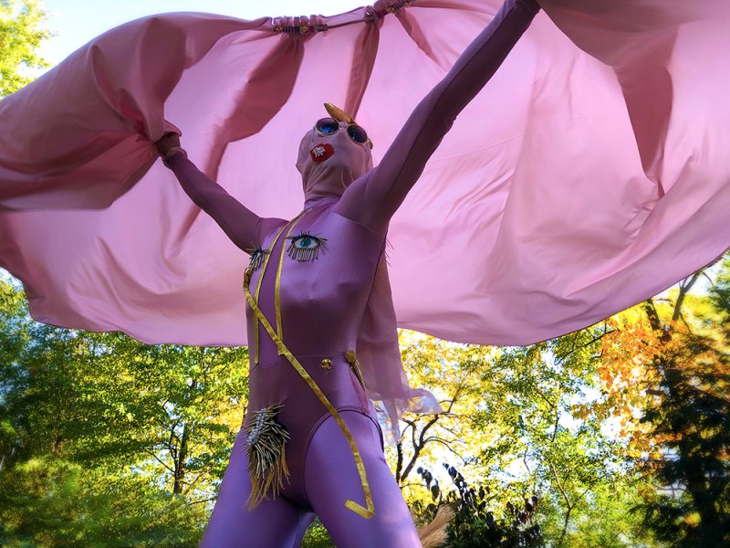 Low-angle shot of a person in a pink bodysuit, face covered, holding a large pink fabric overhead. Eyes and other embellishments decorate the suit, set against a backdrop of green trees.