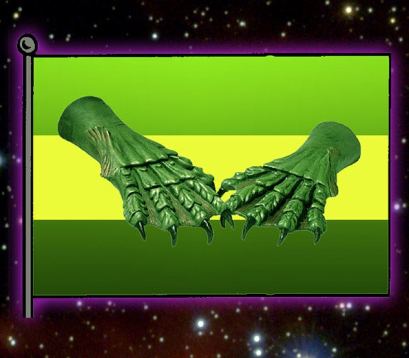 Flag with horizontal green and yellow stripes, featuring two scaly, clawed green monster hands reaching towards each other.