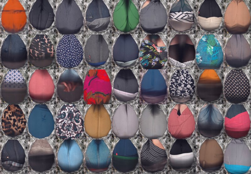 Grid of 40 egg-shaped objects, each with unique textures and patterns like denim, leopard print, floral, and solid colors.