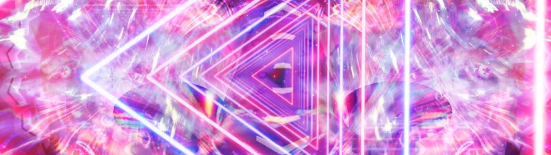 Vibrant abstract digital art with neon pink and blue geometric lines forming tunnels, radiating light, and two large circular shapes.