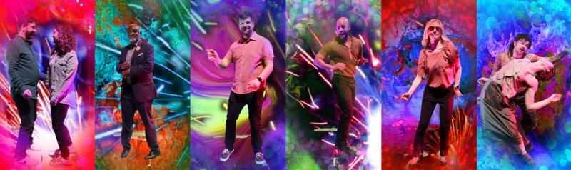 Six diverse individuals dancing in a vibrant, neon-lit party scene with swirling colors and abstract light streaks.