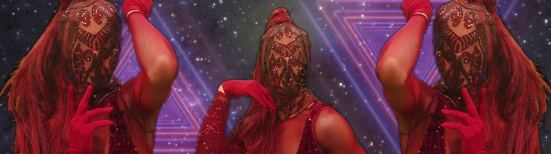Three figures in red sequined outfits and veiled faces against a starry, purple-lit geometric background.